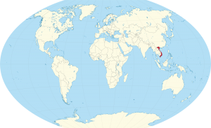 A world map showing the location of vietnam (marked in red).