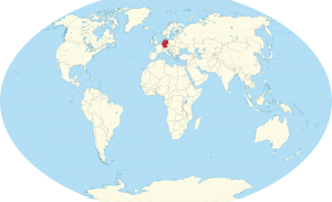 A world map with the location of Germany marked in red.