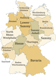 A politcal map of Germany showing the location of the states.