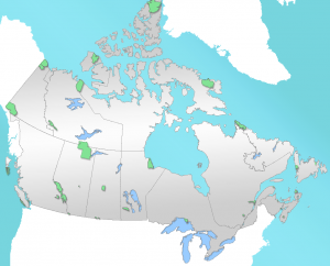 A map showing the location of all of the National Parks in Canada.
